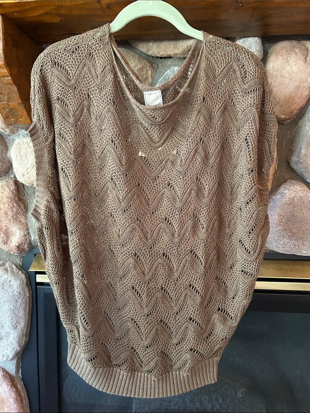 Puff Beat Light Brown Open Knit Short Dolman/Cap Sleeve Sweater, Size L | NWT